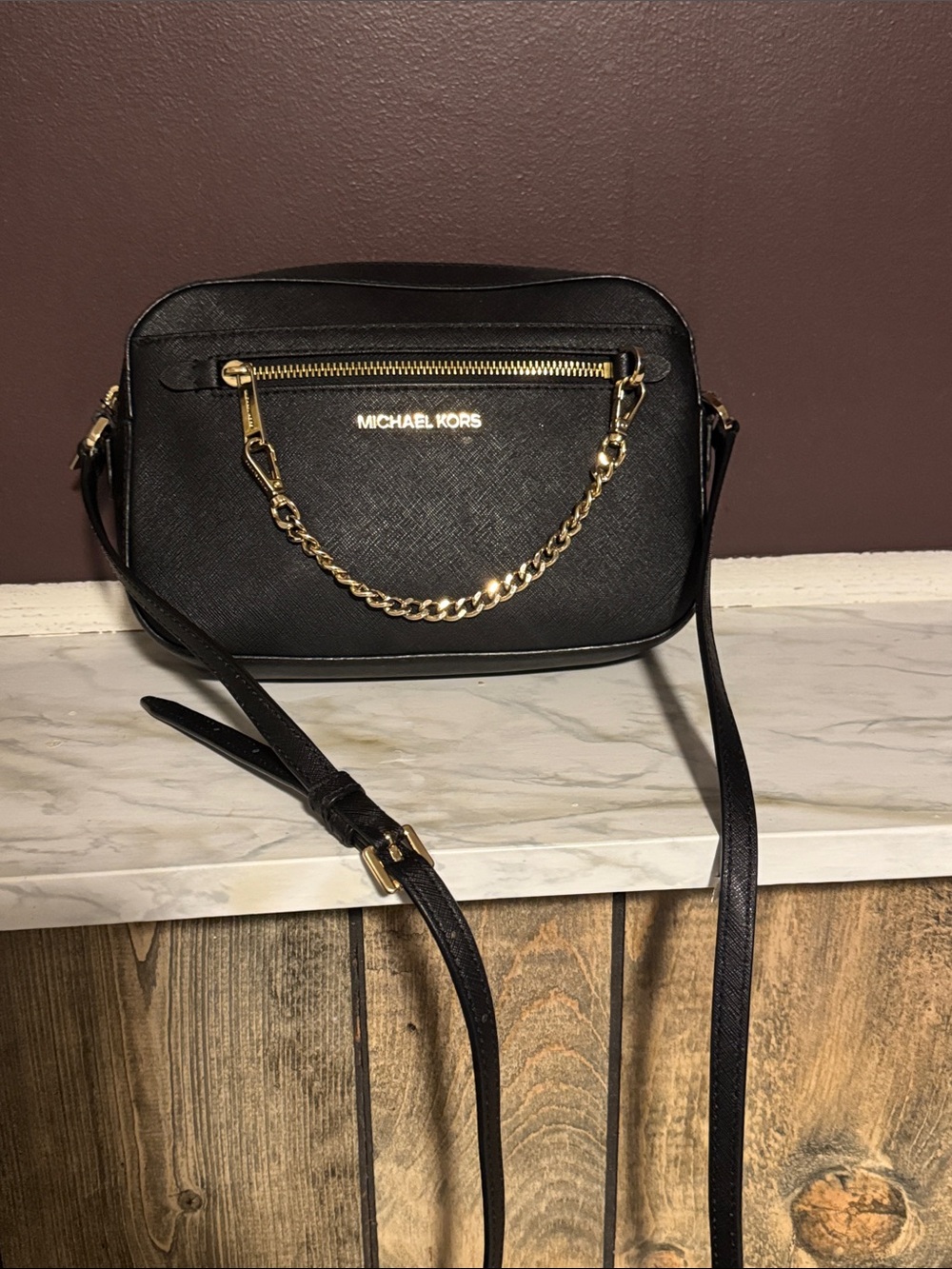 Michael Kors Black Leather Crossbody with Gold Chain Detail
